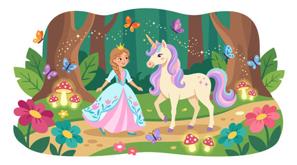 Fototapeta premium A fairytale princess and a magical unicorn walk through an enchanted forest filled with giant flowers, glowing mushrooms, and butterflies amidst sparkling magic dust in a charming vector