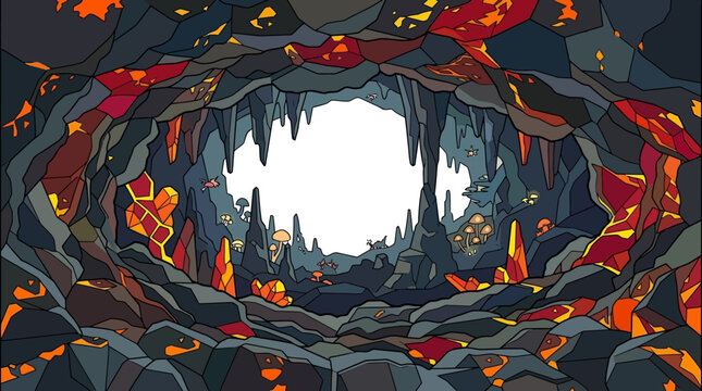Illustration vectorielle d'une grotte souterraine myst&eacute;rieuse avec des stalactites, des stalagmites et des cristaux incandescents orange brillant dans l'obscurit&eacute; rocheuse