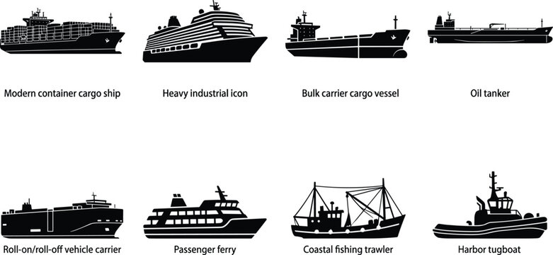  
Black Silhouette Illustrations of Cargo, Cruise, Tanker, Ferry, Fishing, and Tug Ships for Nautical Transport Design Projects
