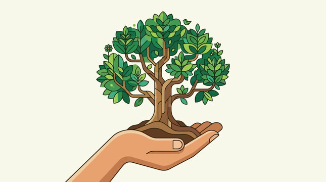 Illustration vectorielle d'une main humaine tenant un arbre vert stylis&eacute;, symbolisant la protection de la nature, la croissance durable et l'engagement &eacute;cologique pour l'environnement.