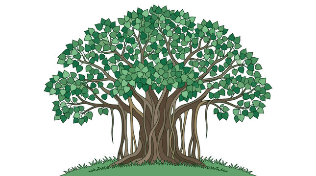 Un grand arbre banyan avec des racines a&eacute;riennes distinctives et un feuillage vert luxuriant, isol&eacute; sur fond blanc.