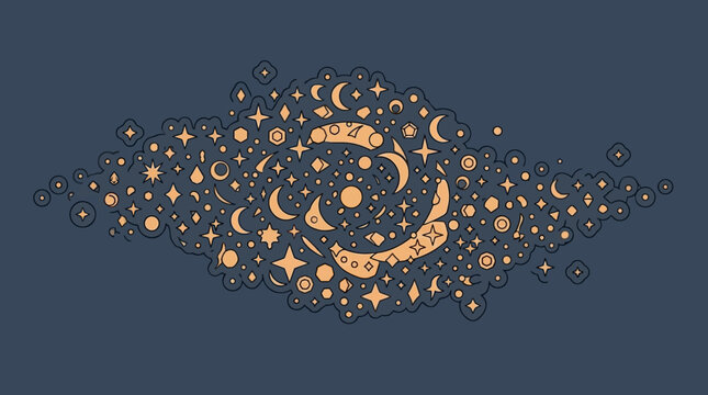 Illustration vectorielle d'un motif c&eacute;leste abstrait avec des lunes, des &eacute;toiles et des formes g&eacute;om&eacute;triques stylis&eacute;es dispos&eacute;es dans une composition centrale sur fond bleu fonc&eacute;.