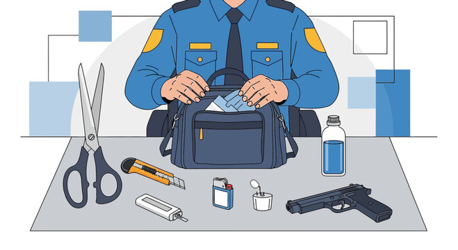 Security Officer Inspecting Bag Contents for Prohibited Items