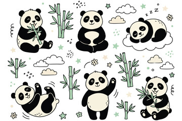 Obraz premium Cute Hand Drawn Panda Clipart Collection Cartoon Bamboo Bear Doodle Sticker Set50 Tags