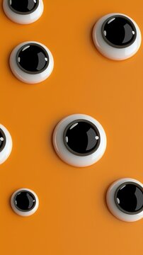 Close up of realistic 3D candy eyes scattered on orange background for decoration