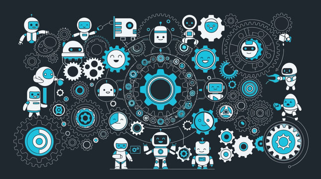 Illustration vectorielle de robots mignons et d'engrenages m&eacute;caniques complexes sur un fond sombre, repr&eacute;sentant un concept de technologie automatis&eacute;e et de travail d'&eacute;quipe robotique.