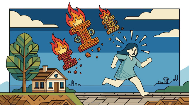 Une illustration vectorielle stylis&eacute;e montrant une femme fuyant des lettres I enflamm&eacute;es qui tombent du ciel pr&egrave;s d'une maison dans un paysage plat et color&eacute;.