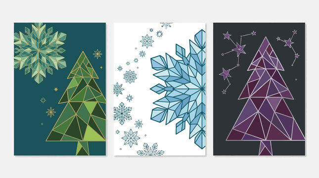 Ensemble de trois cartes de v&oelig;ux de No&euml;l avec des sapins stylis&eacute;s et des flocons de neige g&eacute;om&eacute;triques dans des tons verts, bleus et violets sur des arri&egrave;re-plans contrast&eacute;s.