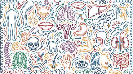 Naklejka premium Human anatomy and biological body systems concept with hand drawn medical icons of internal organs skeletal structure and physiological functions biological skeletal physiological