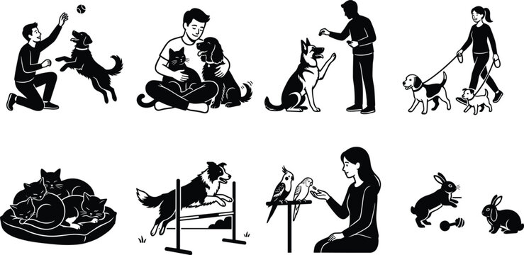 Pet care and companionship silhouette vector set, dog training, cat resting, bird feeding, rabbit play, walking pets, animal love, black illustration, home design