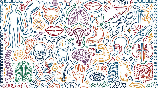 Human anatomy and biological body systems concept with hand drawn medical icons of internal organs skeletal structure and physiological functions biological skeletal physiological