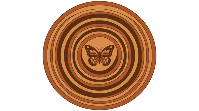 Illustration vectorielle d'un papillon monarque stylis&eacute; plac&eacute; au centre de cercles concentriques dans des tons de brun et de terre pour un design minimaliste et &eacute;l&eacute;gant.