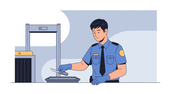 Security officer checks knife at airport scanner, vigilant gatekeeper concept.