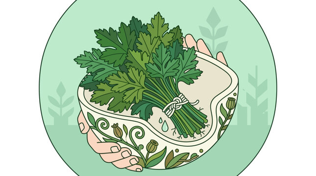 Une illustration vectorielle montrant des mains tenant un bol d&eacute;cor&eacute; contenant un bouquet de persil frais et vert, symbolisant la cuisine saine, les ingr&eacute;dients naturels et le jardinage.