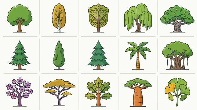 Ensemble d'ic&ocirc;nes vectorielles color&eacute;es repr&eacute;sentant diverses esp&egrave;ces d'arbres, incluant des conif&egrave;res, des feuillus, un palmier et un baobab sur un fond blanc propre.