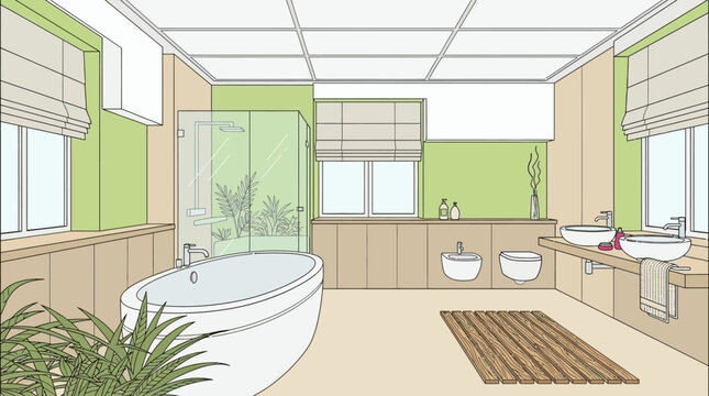 Illustration d'une salle de bain moderne et spacieuse avec une baignoire &icirc;lot, une douche en verre, des lavabos doubles et des tons verts apaisants pour un design int&eacute;rieur &eacute;l&eacute;gant.