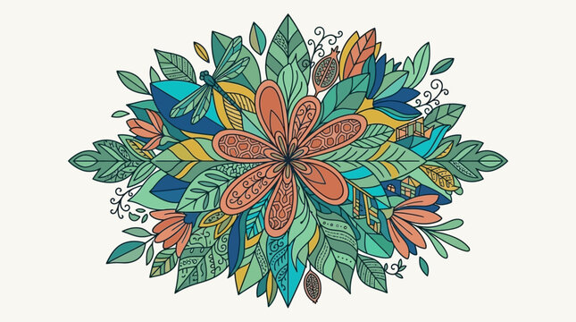 Illustration botanique d&eacute;corative avec une grande fleur centrale entour&eacute;e de feuilles stylis&eacute;es, de motifs v&eacute;g&eacute;taux complexes et d'une libellule sur un fond blanc &eacute;pur&eacute;.