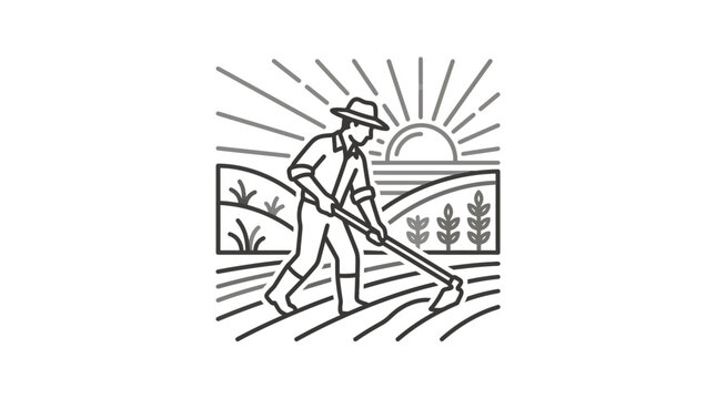 Farmer hoeing crop rows under rising sun line art.