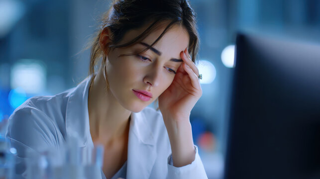 Female researcher computer monitor desk laboratory tired expression focused work white coat thoughtful pose office work scientific study young adult indoor scene blue background side view seated