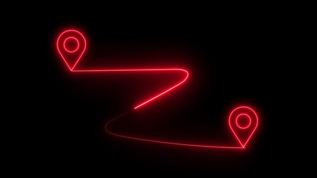 Neon route icon animation, glowing path symbol, navigation arrow, glowing map route, animated travel direction, futuristic journey icon, digital navigation sign on dark background
