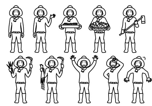 麦わら帽子をかぶった若い男性農家の様々なポーズや作業風景を集めたイラストセット｜農業の案内や収穫などのシーンに使えるシンプルな線画素材
