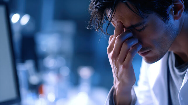 Stressed young man in office, hand on forehead near computer monitor, blue light, headache, fatigue, workplace strain
