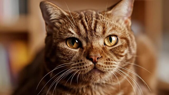 Close-up of a handsome brown tabby cat with large golden eyes gazing intently and purring with contentment