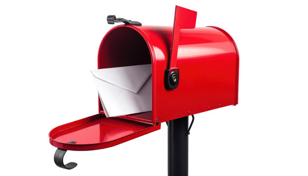 Isolated red metal mailbox with open door and white envelope inside, postal service delivery, communication concept