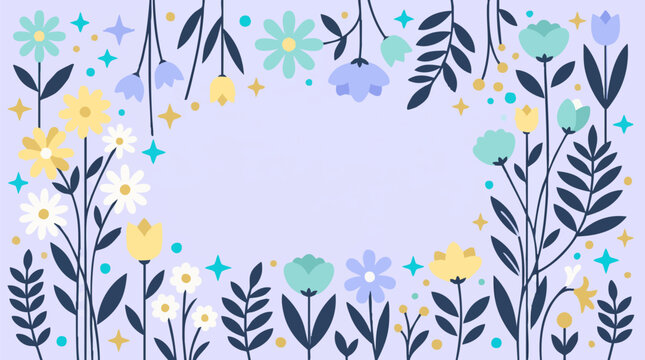 Flat design spring floral frame with colorful flowers and leaves