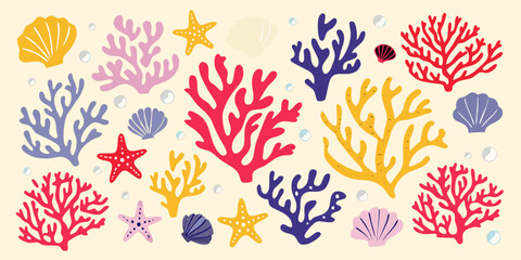 Coral reef illustration with starfish and seashells colorful vector pattern © Dipu