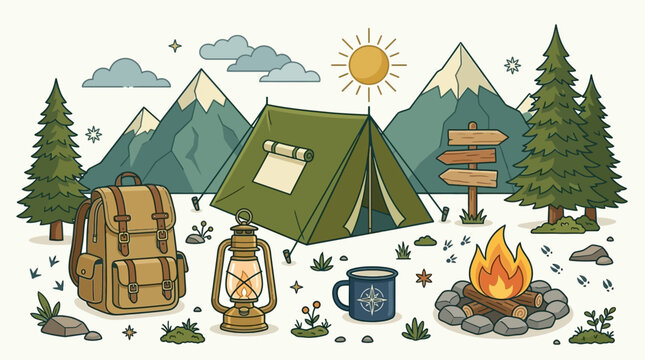Illustration vectorielle de camping en plein air avec une tente verte, un sac &agrave; dos, un feu de camp, une lanterne et des montagnes en arri&egrave;re-plan pour vos projets de voyage et d'aventure.