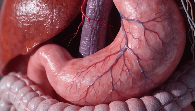 Close up macro view of human internal organ anatomy with detailed blood vessels and tissue texture
