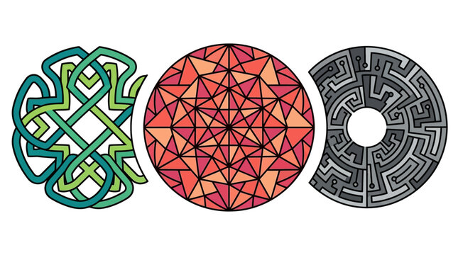Conjunto de tr&ecirc;s elementos gr&aacute;ficos circulares distintos, incluindo um n&oacute; celta verde, uma mandala geom&eacute;trica em tons de vermelho e um labirinto tecnol&oacute;gico cinza sobre fundo branco.