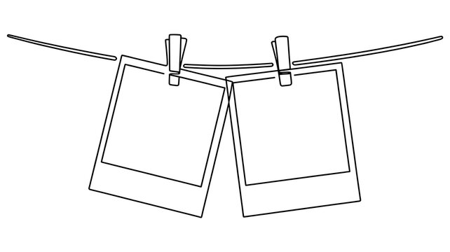 Polaroid photo line art. Line drawing of two polaroid pictures hanging on a string. Continuous one line drawing. Vector illustration with EDITABLE stroke. Isolated on transparent background. 