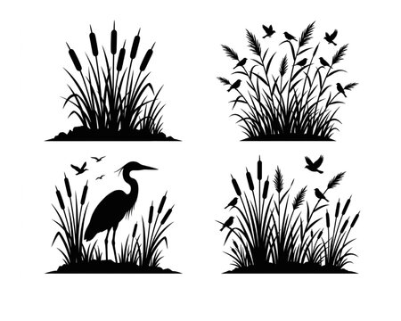 Cattails and Heron Silhouette Vector Illustration Set