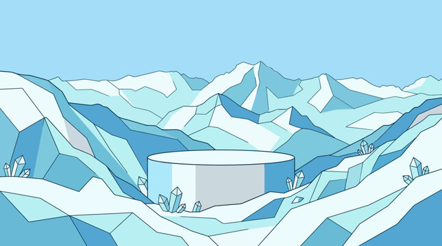 Un pi&eacute;destal cylindrique vide pour la pr&eacute;sentation de produits, plac&eacute; dans un paysage de montagnes enneig&eacute;es stylis&eacute; avec des cristaux de glace, design vectoriel minimaliste et moderne.