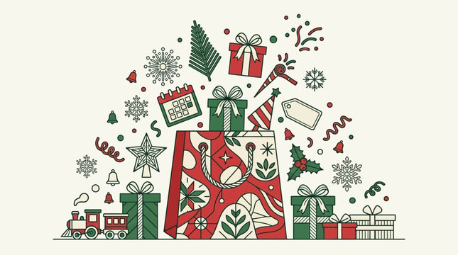 Illustration vectorielle de No&euml;l avec un sac de courses rempli de cadeaux, de flocons de neige, d'un train jouet et de d&eacute;corations festives sur un fond cr&egrave;me, style lin&eacute;aire minimaliste.