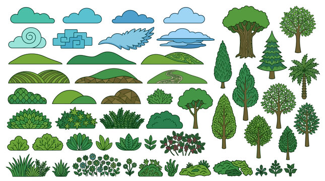 Conjunto de elementos de design vetorial com nuvens estilizadas, colinas verdes, arbustos variados e diferentes tipos de &aacute;rvores isoladas em fundo branco para ilustra&ccedil;&otilde;es de paisagens.