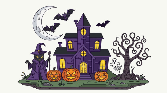 Ilustra&ccedil;&atilde;o vetorial de uma casa assombrada de Halloween com ab&oacute;boras, bruxa, fantasmas, morcegos e uma lua crescente em um estilo art&iacute;stico divertido e tem&aacute;tico.