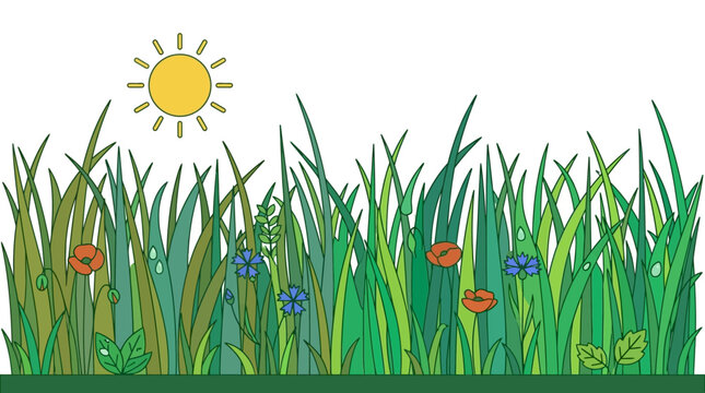 Ilustra&ccedil;&atilde;o vetorial de um campo de grama verde com flores silvestres coloridas e um sol brilhante no c&eacute;u, ideal para designs de primavera e natureza.