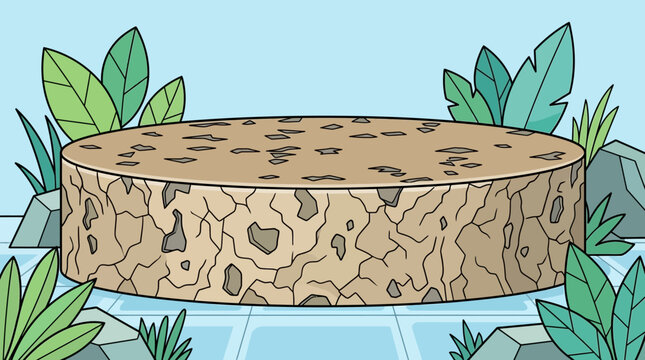 P&oacute;dio cil&iacute;ndrico de textura de corti&ccedil;a em estilo desenho animado cercado por plantas tropicais e pedras sobre um fundo azul claro para exibi&ccedil;&atilde;o de produtos