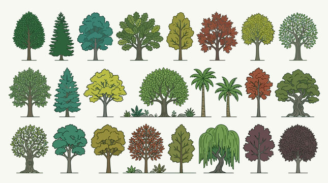 Ensemble d'illustrations vectorielles de diff&eacute;rents types d'arbres isol&eacute;s sur fond clair, comprenant des feuillus, des conif&egrave;res et des palmiers pour des projets de design paysager.