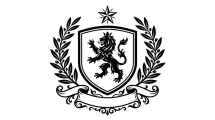 Fototapeta premium Heraldic lion crest with shield and laurel wreath.