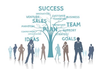 Fototapeta premium Global Business Team Silhouette Group Vector Illustration with Diverse Professionals Standing on World Map Representing Teamwork Leadership Management Success and Corporate Collaboration