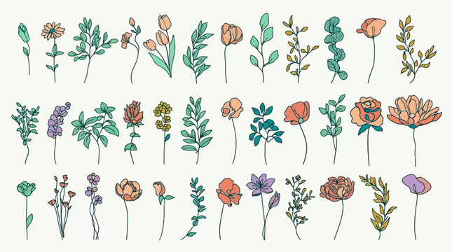 Conjunto de ilustra&ccedil;&otilde;es bot&acirc;nicas desenhadas &agrave; m&atilde;o com flores variadas, folhas e ramos decorativos em estilo minimalista e cores suaves sobre um fundo claro isolado.