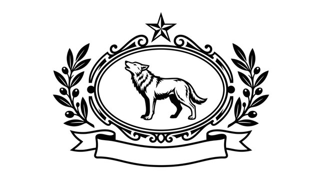 Heraldic wolf crest with laurel wreath and ribbon.