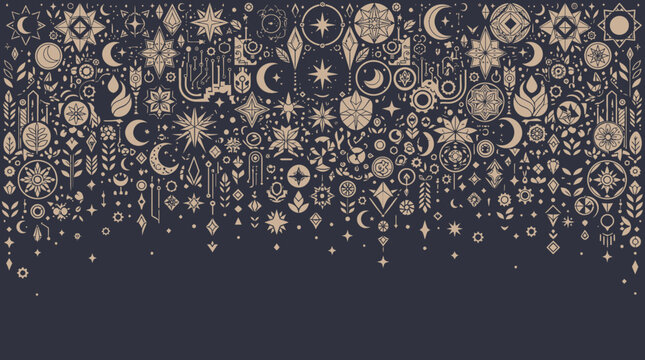 Padr&atilde;o decorativo elegante com elementos celestiais, estrelas, luas crescentes e motivos florais estilizados em um design geom&eacute;trico minimalista sobre um fundo escuro.