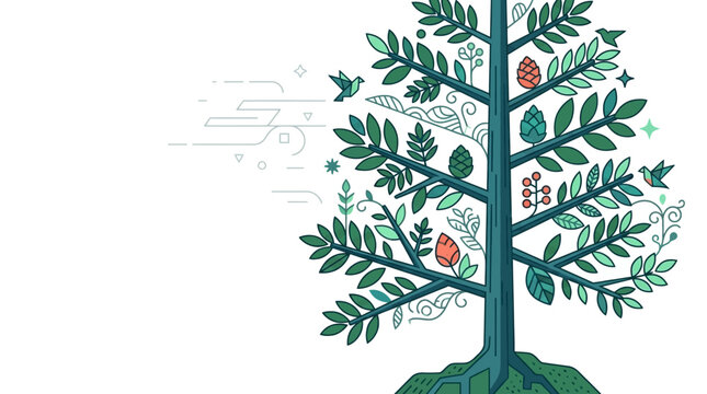 Illustration vectorielle stylis&eacute;e d'un arbre de No&euml;l orn&eacute; de feuilles, de pommes de pin et d'oiseaux sur un fond blanc &eacute;pur&eacute; avec un espace de copie g&eacute;n&eacute;reux pour le design.