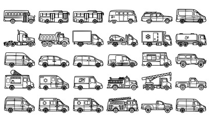 Transport vehicle outline collection with black and white car bus and truck vectors © MstArjina