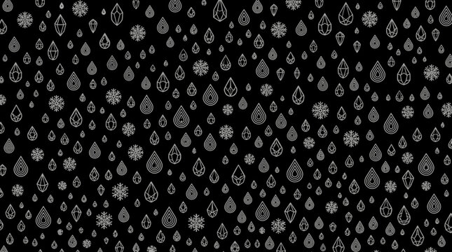 Padr&atilde;o sem costura de gotas de chuva e flocos de neve estilizados em contorno branco sobre fundo preto, ideal para designs de inverno e elementos gr&aacute;ficos sazonais.